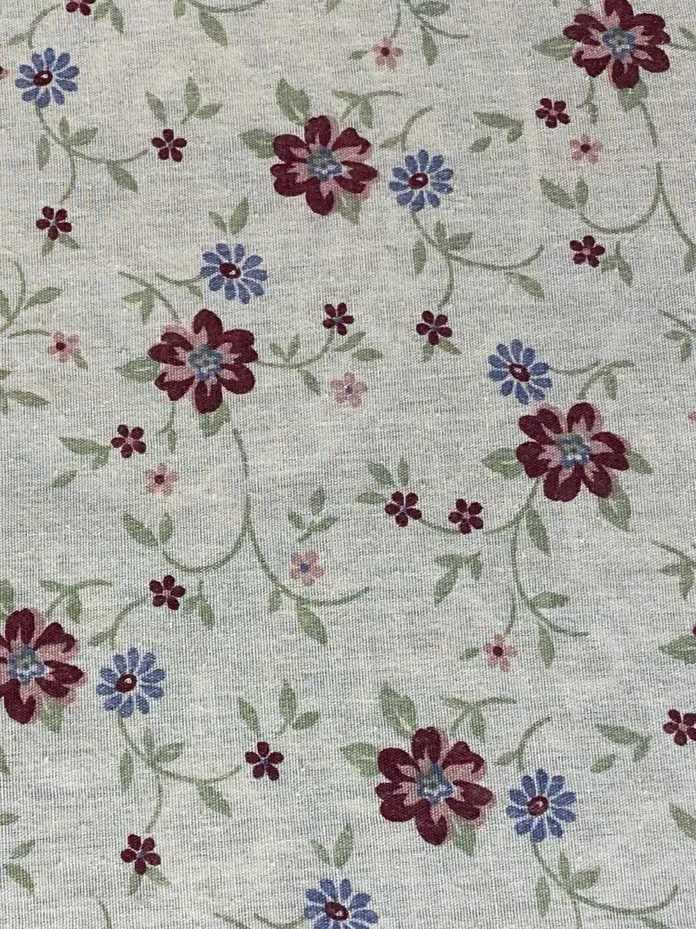 Ivory Floral Cotton Flat Sheet with Burgundy & Blue Blooms 70s Cottagecore